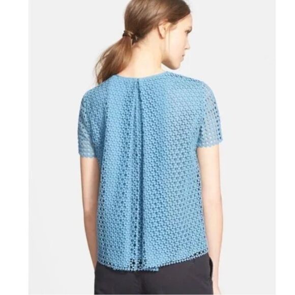 Tory Burch Blue Crescent Guipure Lace Short Sleeve Top - Picture 1 of 12